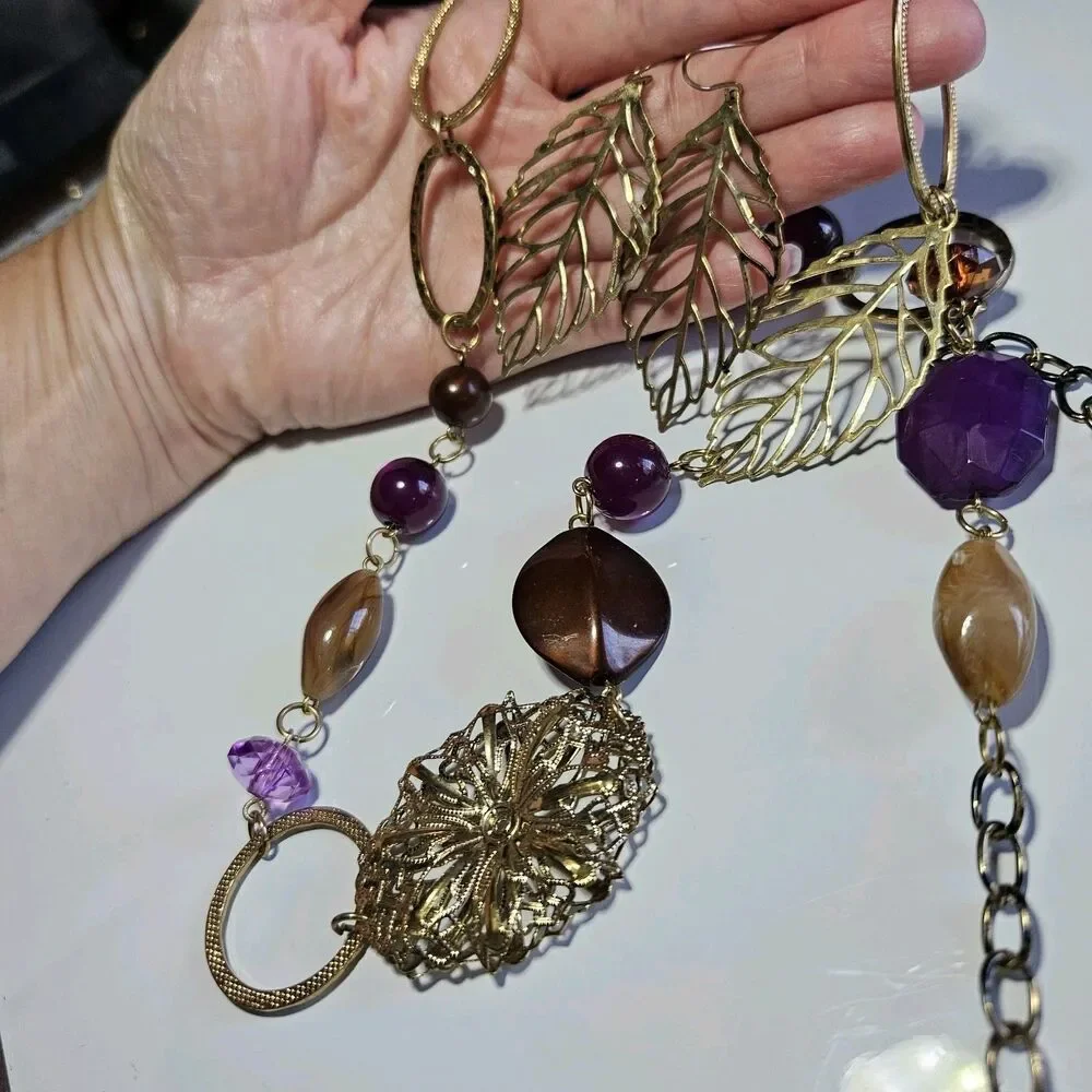 Gold Tone Autumn Colors Chunky Necklace & Leaf Earrings 42